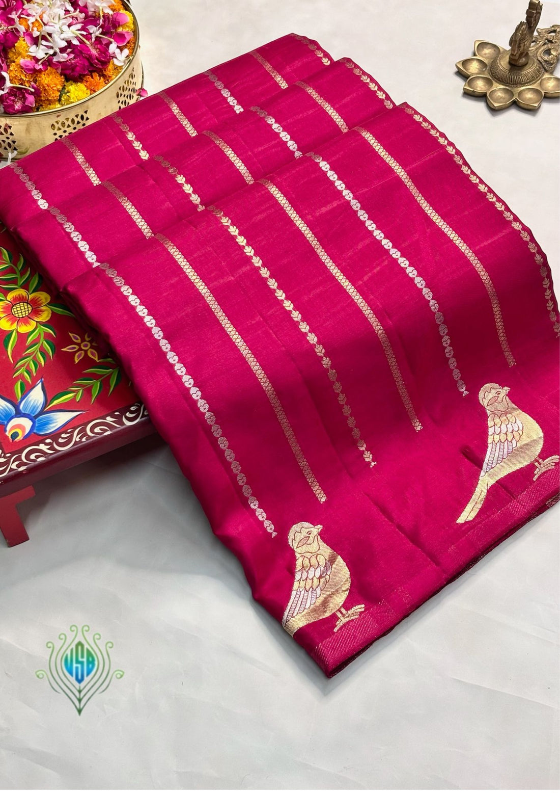 Waah Banaras 157: Pinkish Red Mashru Silk Saree with Sona Rupa Zari Stripes &amp; Key Feather Bird Motifs