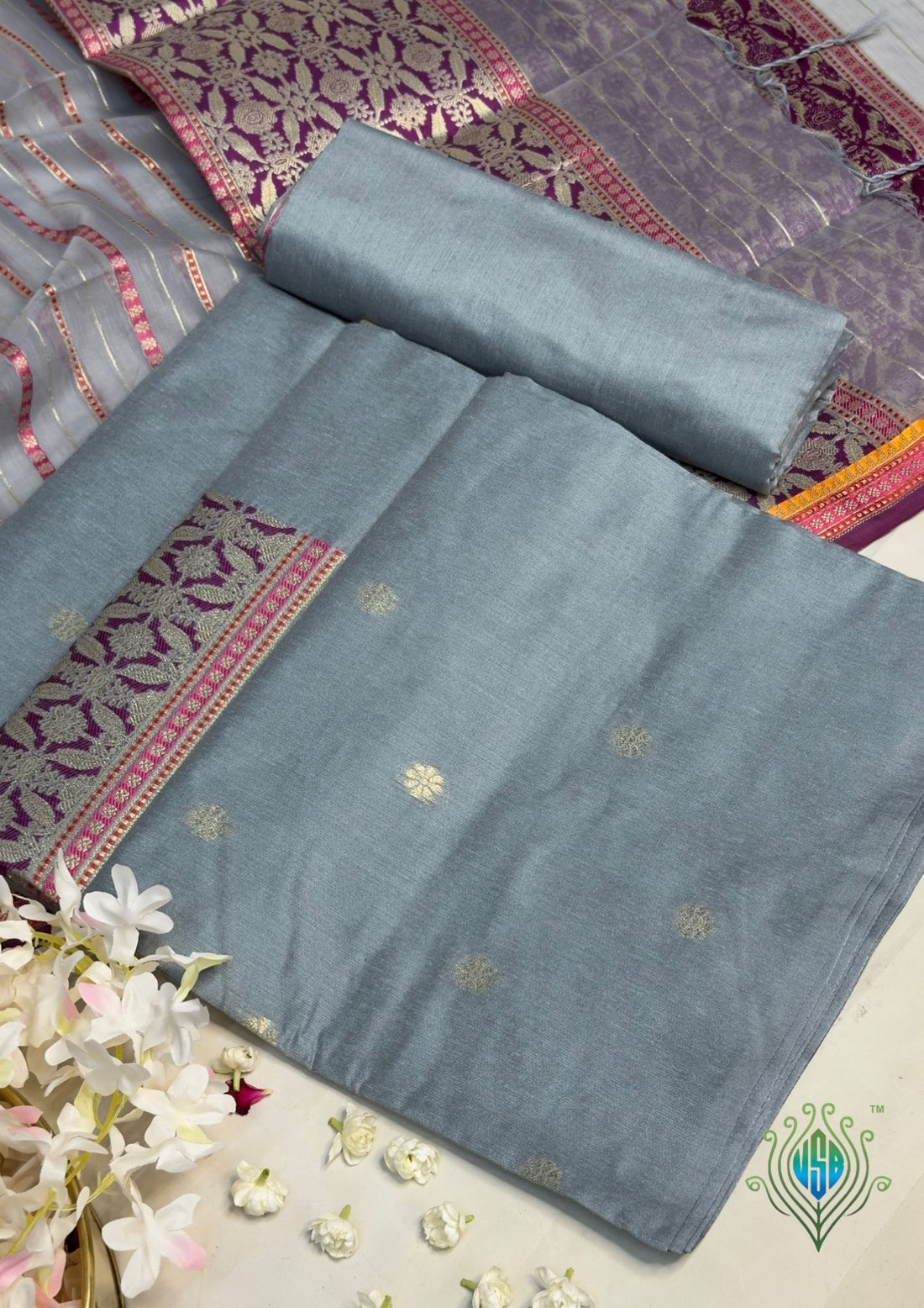 MANSI 167: Silver Grey Raw Silk Suit Set with Designer Woven Dupatta