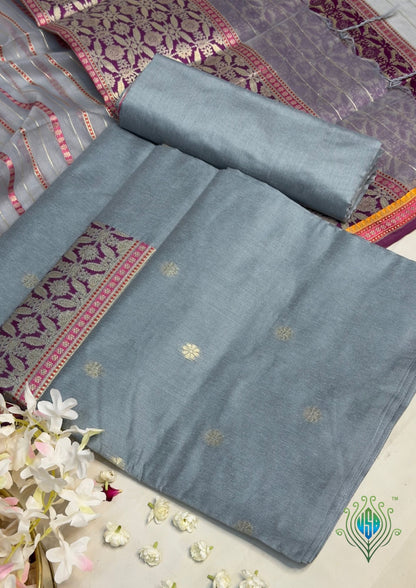 MANSI 167: Silver Grey Raw Silk Suit Set with Designer Woven Dupatta