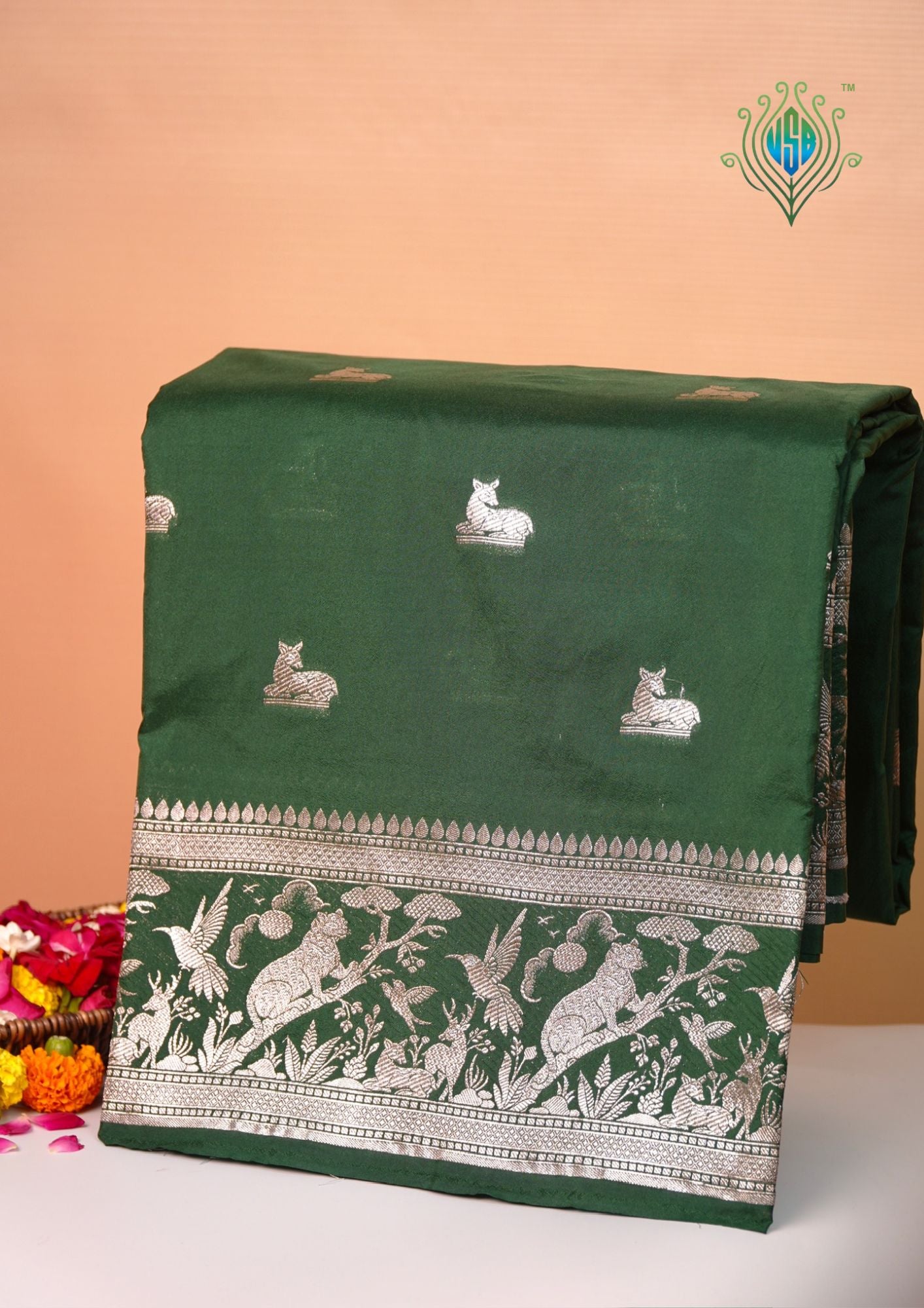 Waah Banaras 180D: Pine green Semi Katan Silk Saree With Beautiful Bird Border