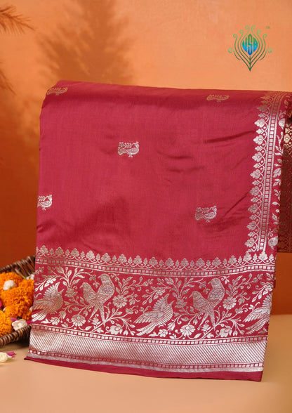 Waah Banaras 181A: Rich Maroon Semi Katan Silk Saree With Beautiful Bird Border