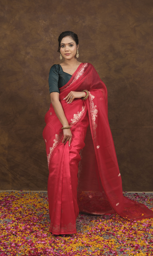 Anokhi : Luxurious Silk & Organza Saree with Signature Chand Buta & Brocade Blouse