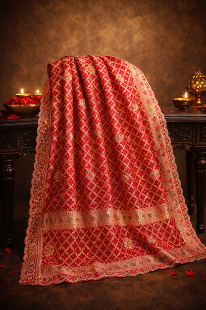 ODHANA 004: Dulhan Red Handcrafted Bandhani Pure Khaddi Georgette Odhana with Zari Border