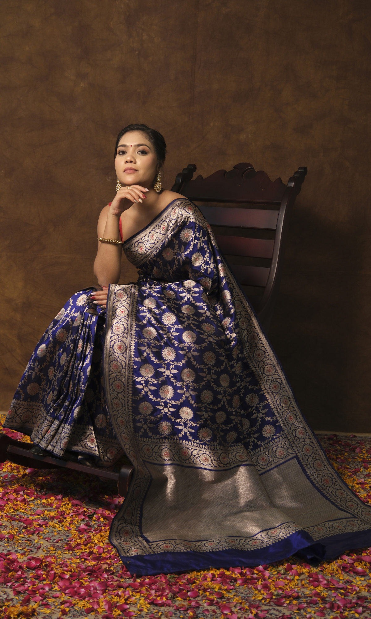 VIRASAT 161: Navy Blue Pure Handloom Katan Silk Mughal Meenakari Floral Jaal Saree