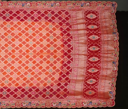 ODHANA 001: Ruby Red &amp; Orange Handcrafted Bandhani Pure Khaddi Georgette Odhana with Zari Border