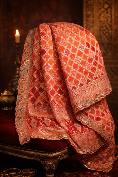 ODHANA 001: Ruby Red &amp; Orange Handcrafted Bandhani Pure Khaddi Georgette Odhana with Zari Border