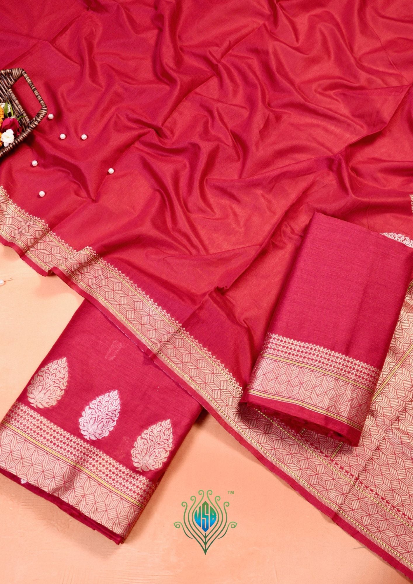 MANSI 177: Royal Red Soft Silk Sona Rupa Zari Suit Set
