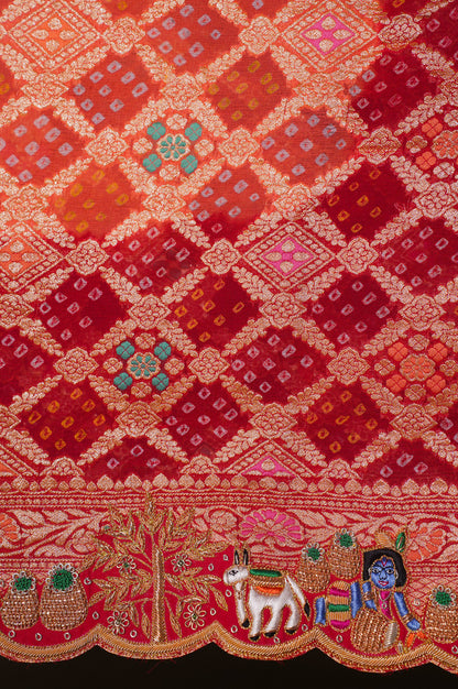 ODHANA 001: Ruby Red &amp; Orange Handcrafted Bandhani Pure Khaddi Georgette Odhana with Zari Border