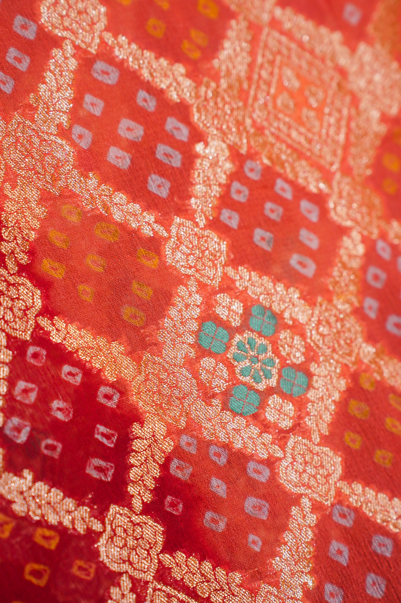 ODHANA 001: Ruby Red &amp; Orange Handcrafted Bandhani Pure Khaddi Georgette Odhana with Zari Border