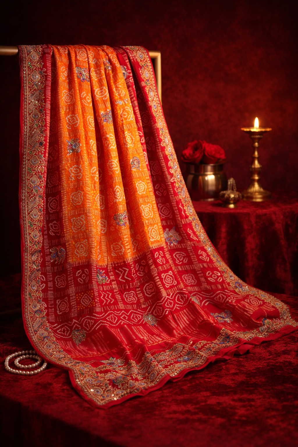 ODHANA 006: Bridal Red &amp; Orange Pure Gajji Silk Bandhani Odhana with Handworked Zari Border