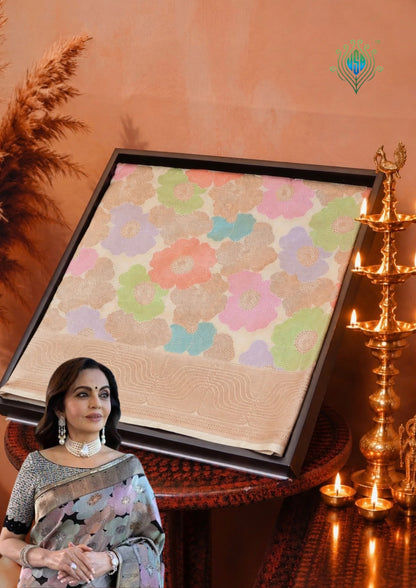 VIRASAT 425B: Beautiful Creamy White Pure Handloom Rangkat Katan Silk Saree Floral Meenakari With Silk Mark Certified