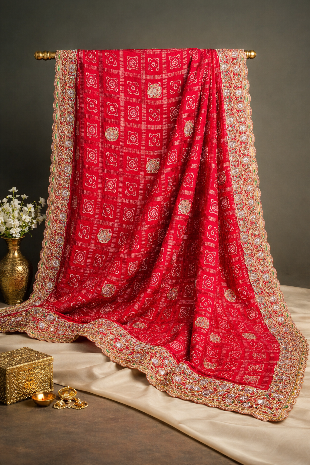 ODHANA 008: Sunhara Red Pure Gajji Silk Gharchola Odhana with Handworked Scallop Zari Border