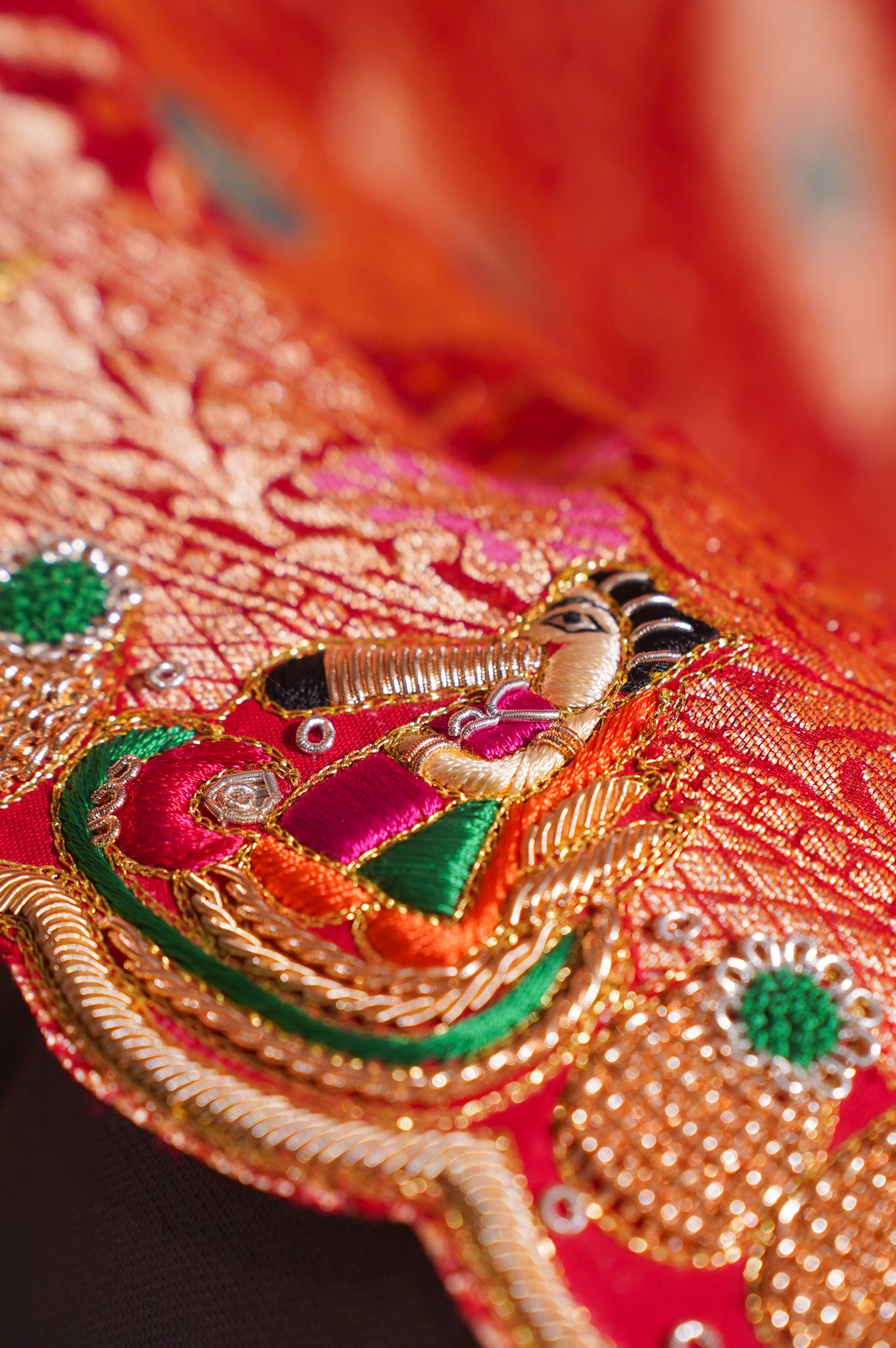 ODHANA 001: Ruby Red &amp; Orange Handcrafted Bandhani Pure Khaddi Georgette Odhana with Zari Border