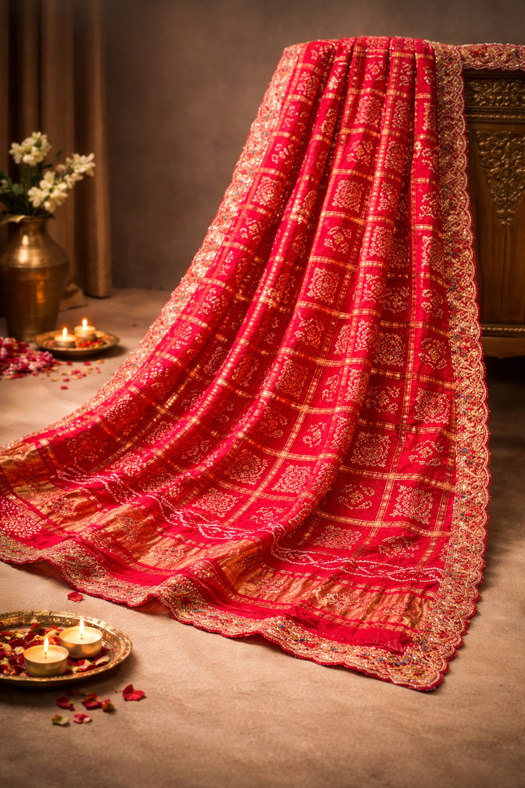 ODHANA 014: Vibrant Red Pure Gajji Silk Gharchola Odhana with Handworked Scallop Zari Border