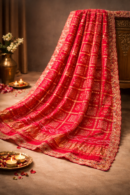 ODHANA 014: Vibrant Red Pure Gajji Silk Gharchola Odhana with Handworked Scallop Zari Border