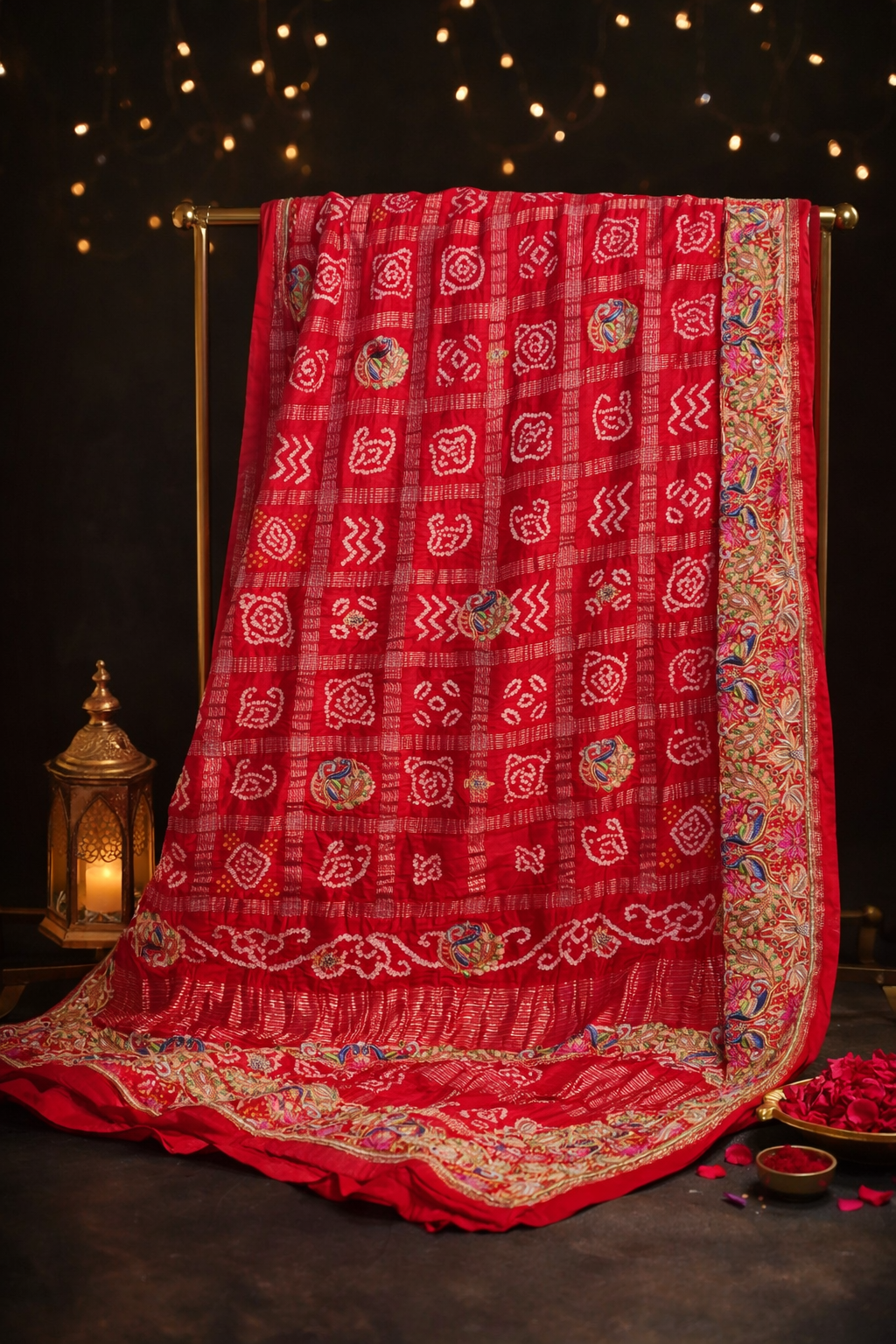 ODHANA 003:  Surkh Red Handcrafted Bandhani Pure Georgette Odhana with Zari Border