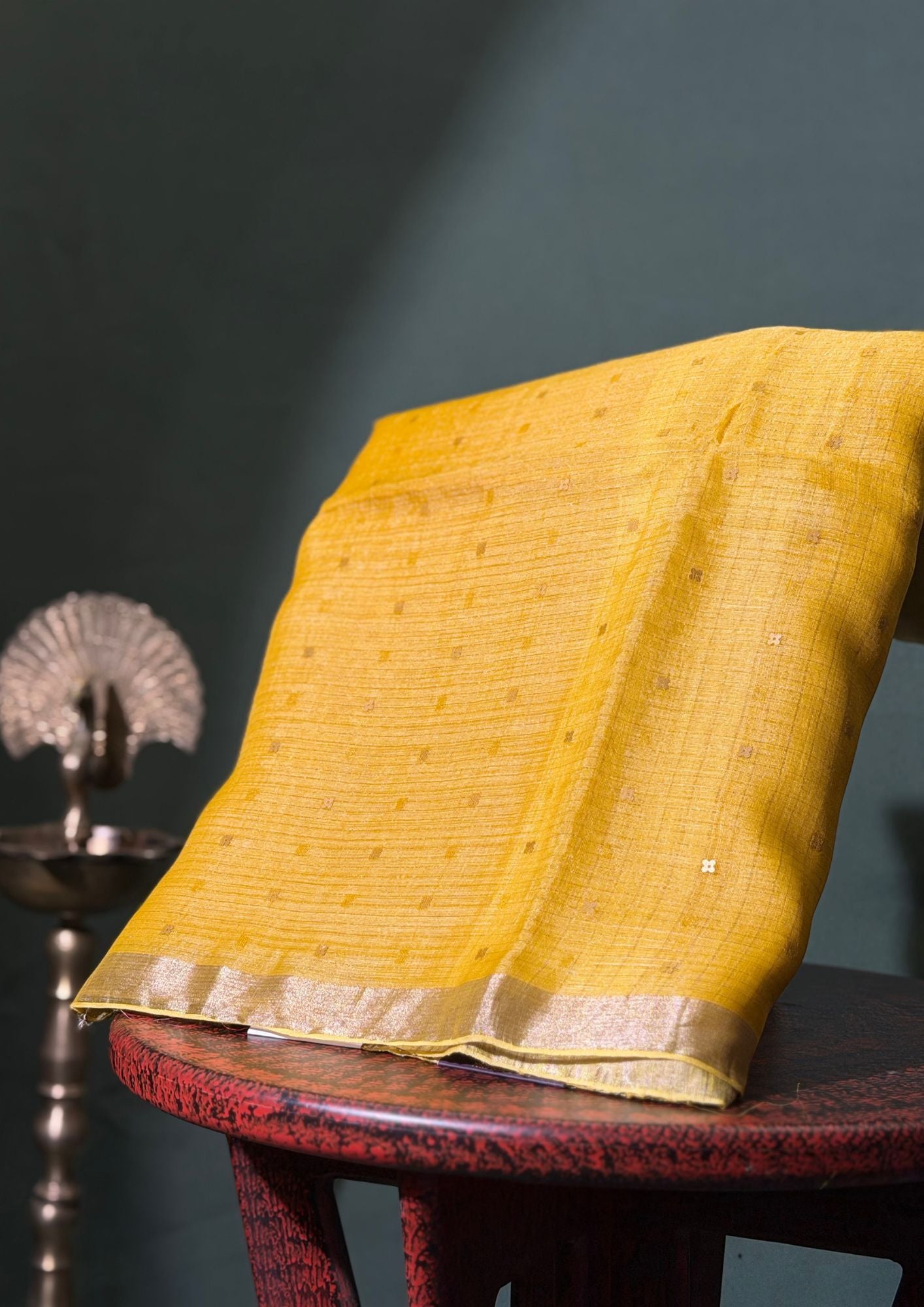 "Founder Choice 016" Banarasi Radiant Mustard Jamdani Kora Silk Saree With Zari Butis