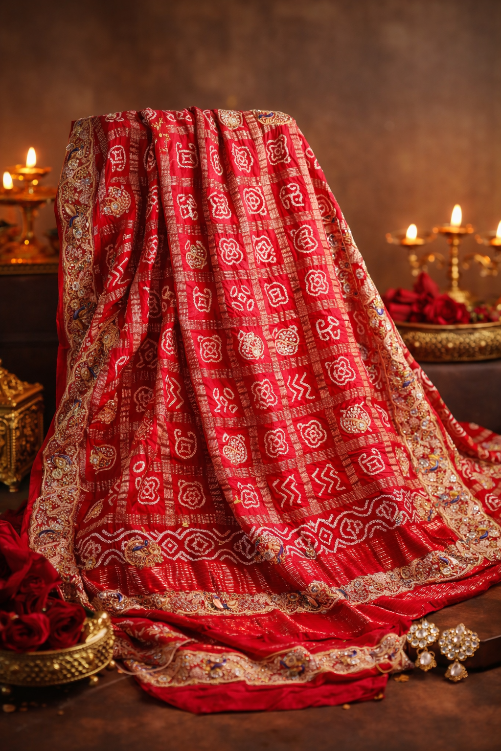 ODHANA 009: Sunhara Laal Pure Gajji Silk Gharchola Odhana with Handworked Scallop Zari Border