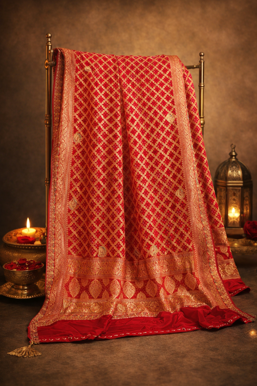 ODHANA 011: Classic Red Handcrafted Bandhani Pure Khaddi Georgette Odhana with Zari Border