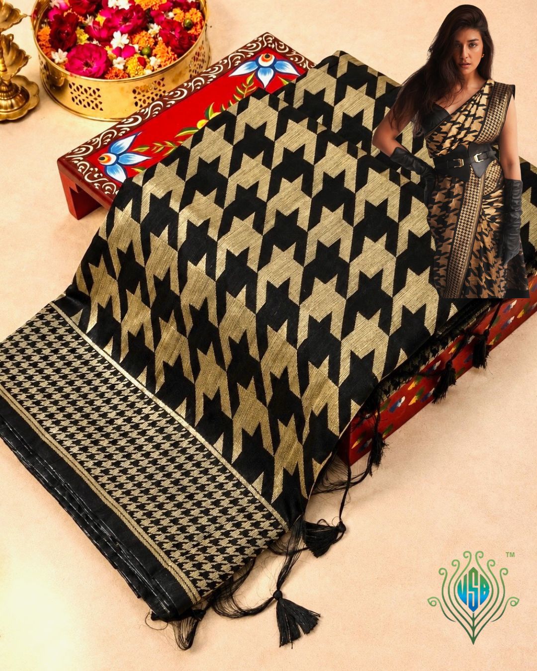 UTSAV BANARAS 402: Black Gold Raw Silk Saree with Abstract Designer Weave