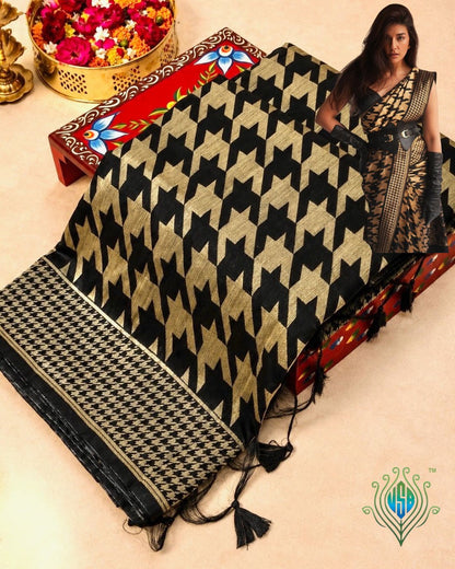 UTSAV BANARAS 402: Black Gold Raw Silk Saree with Abstract Designer Weave