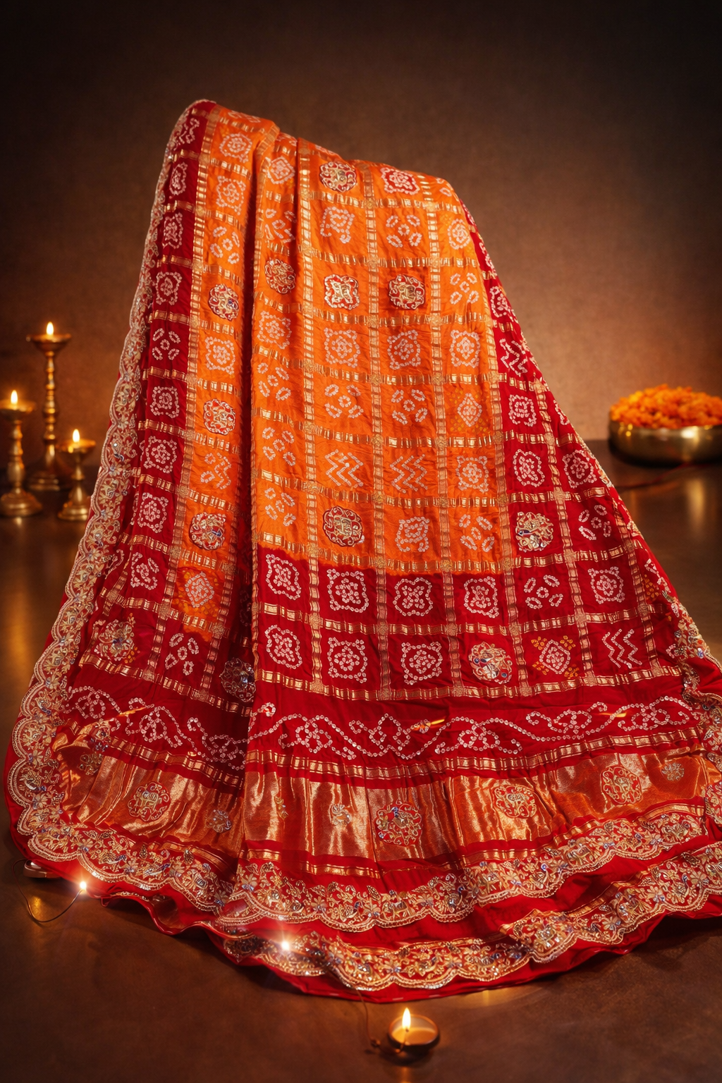 ODHANA 007: Pure Red &amp; Orange Pure Gajji Silk Gharchola Odhana with Handworked Scallop Zari Border