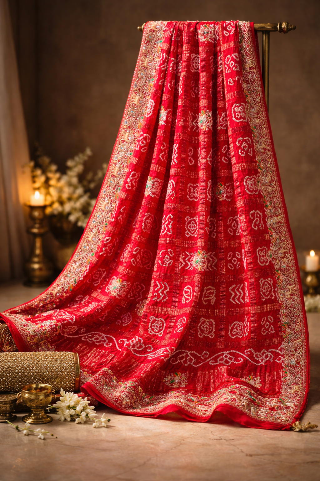 ODHANA 012: Shiny Red Pure Gajji Silk Gharchola Odhana with Handworked Scallop Zari Border