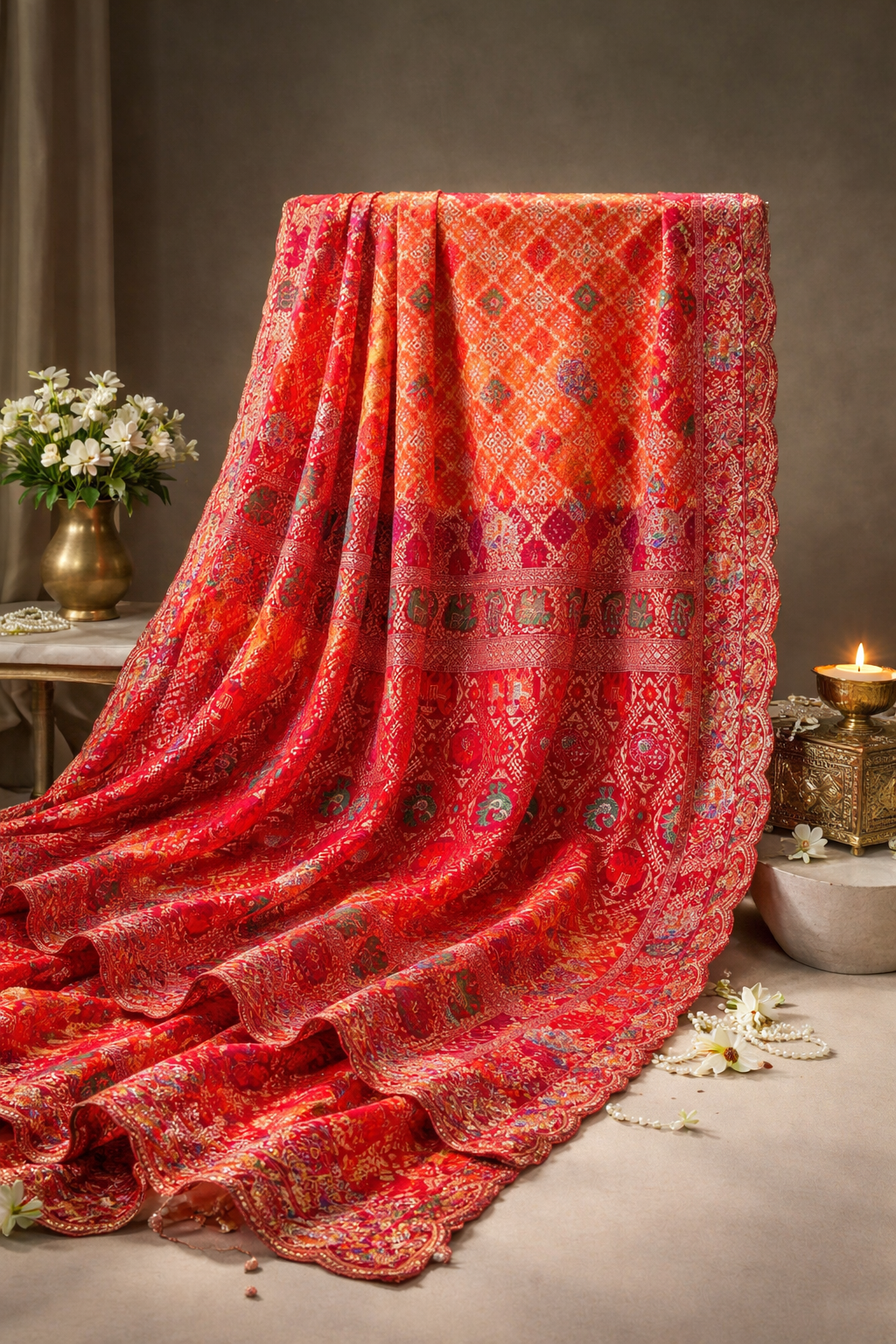 ODHANA 010: Bold Red &amp; Orange Handcrafted Bandhani Pure Khaddi Georgette Odhana with Zari Scallop Border