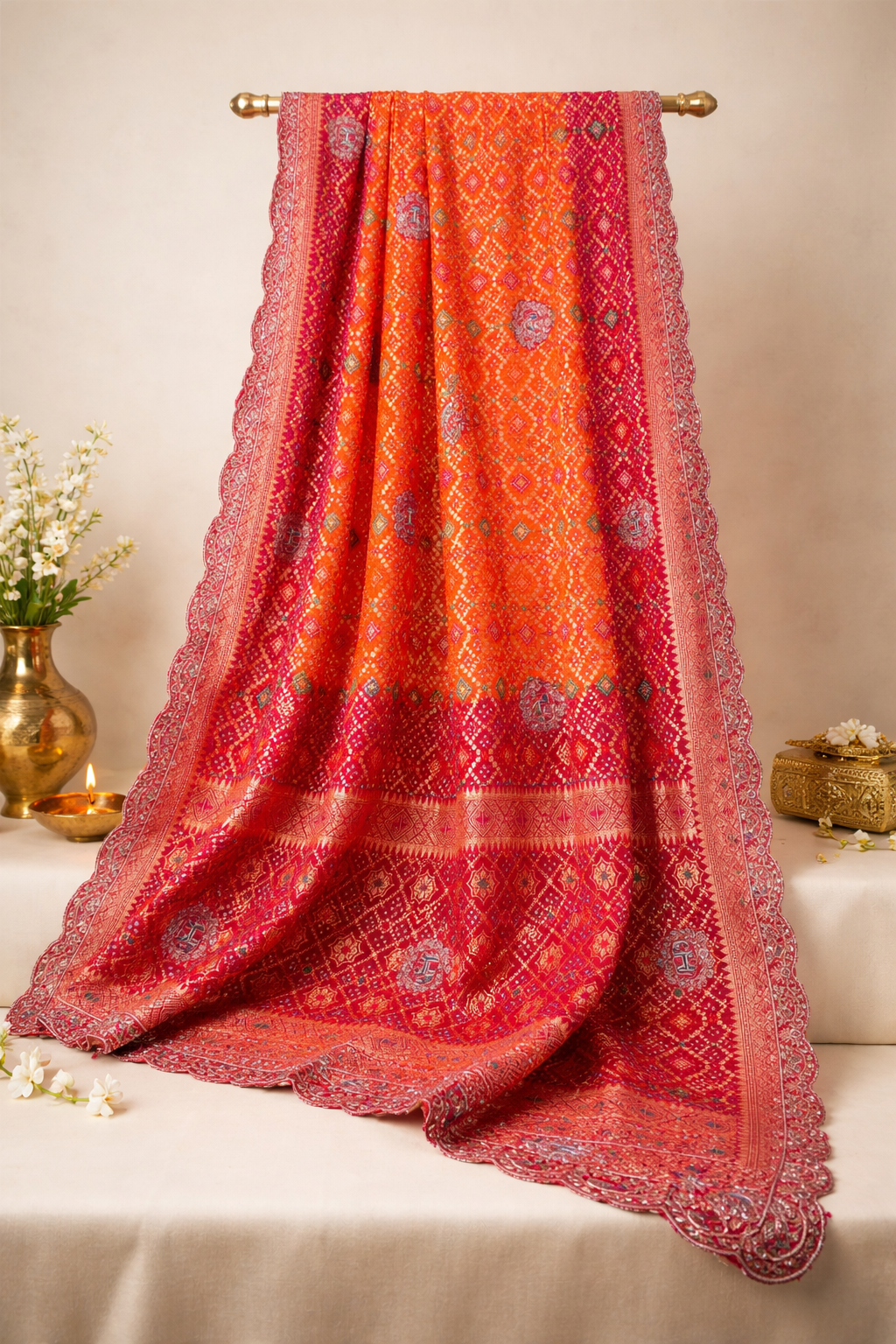 ODHANA 002: Lovely Red &amp; Orange Handcrafted Bandhani Pure Khaddi Georgette Odhana with Zari Border