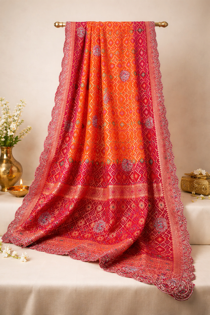 ODHANA 002: Lovely Red &amp; Orange Handcrafted Bandhani Pure Khaddi Georgette Odhana with Zari Border