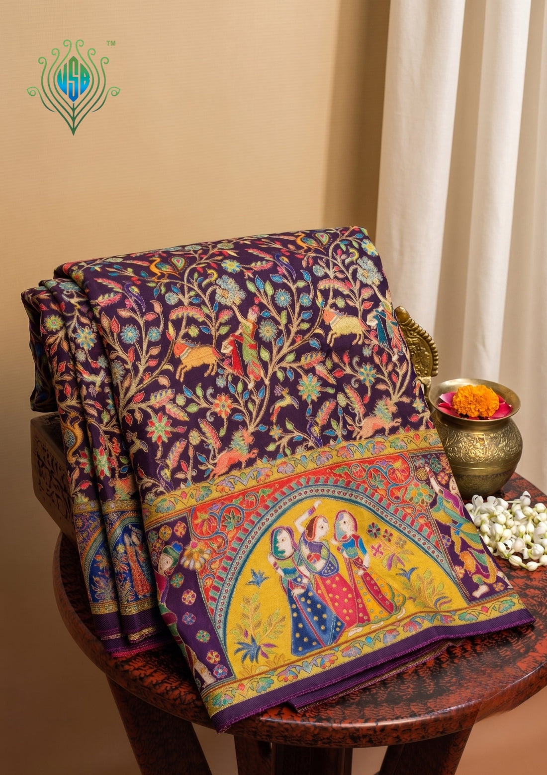 UTSAV BANARAS 479E: Deep Purple Butter Silk Saree with Kalamkari Position Print &amp; Contrast Blouse