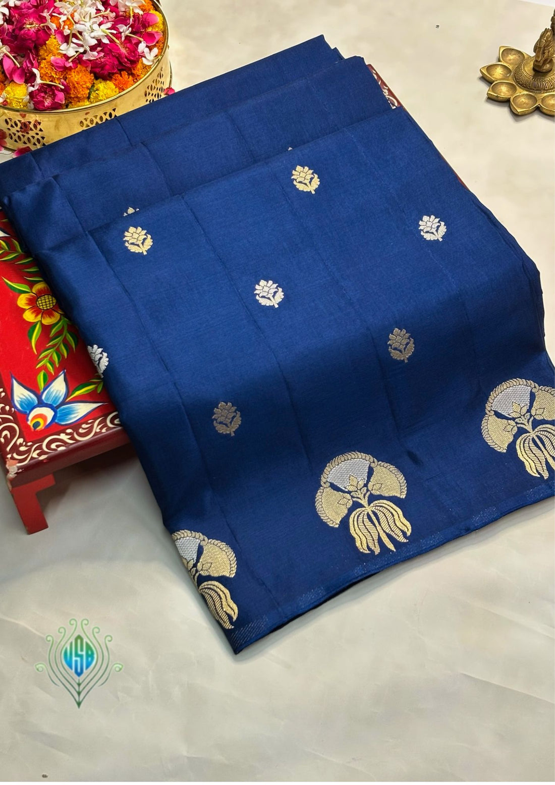 Waah Banaras 153: Royal Indigo Blue Mashru Silk Saree with Sona Rupa Zari Butis &amp; Ornate Border Motifs