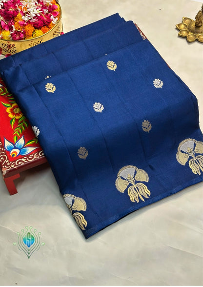 Waah Banaras 153: Royal Indigo Blue Mashru Silk Saree with Sona Rupa Zari Butis &amp; Ornate Border Motifs