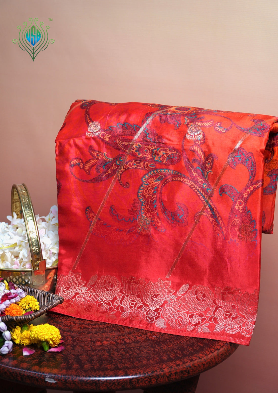 UTSAV BANARAS 488: Poppy Red Malai Silk Saree with Digital Print, Zari Stripe Design &amp; Floral Zari Border