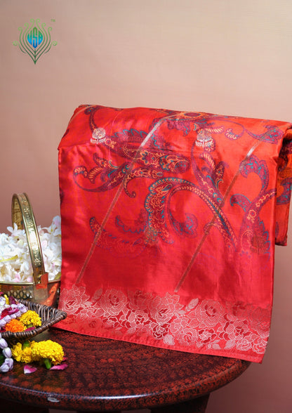 UTSAV BANARAS 488: Poppy Red Malai Silk Saree with Digital Print, Zari Stripe Design &amp; Floral Zari Border