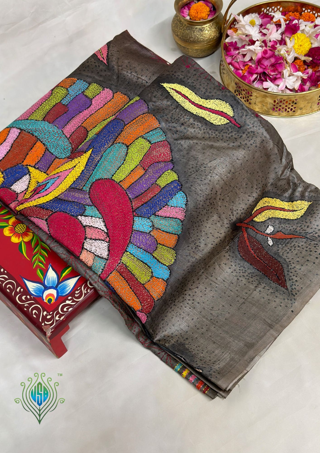 VIRASAT 398: Matte Gold Pure Tussar Silk Kantha Work Saree | Silk Mark Certified