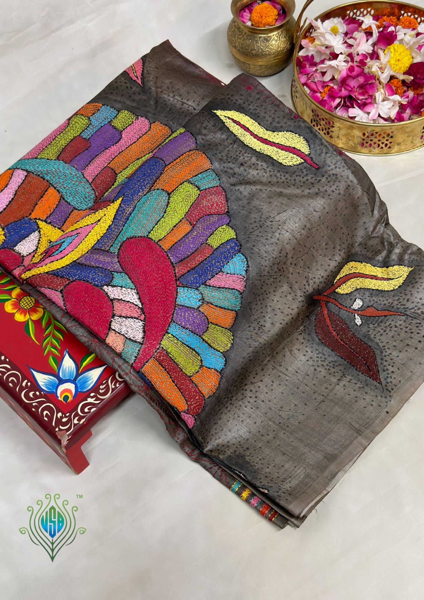 VIRASAT 398: Matte Gold Pure Tussar Silk Kantha Work Saree | Silk Mark Certified