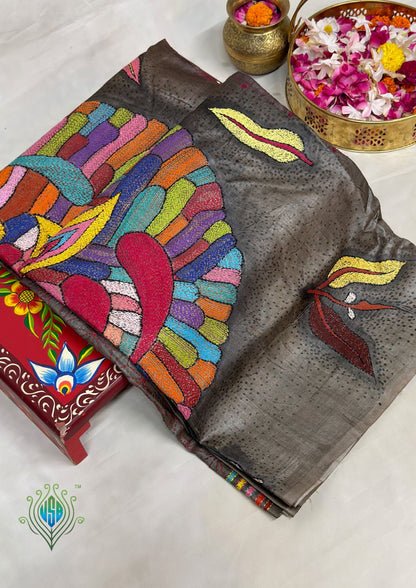 VIRASAT 398: Matte Gold Pure Tussar Silk Kantha Work Saree | Silk Mark Certified
