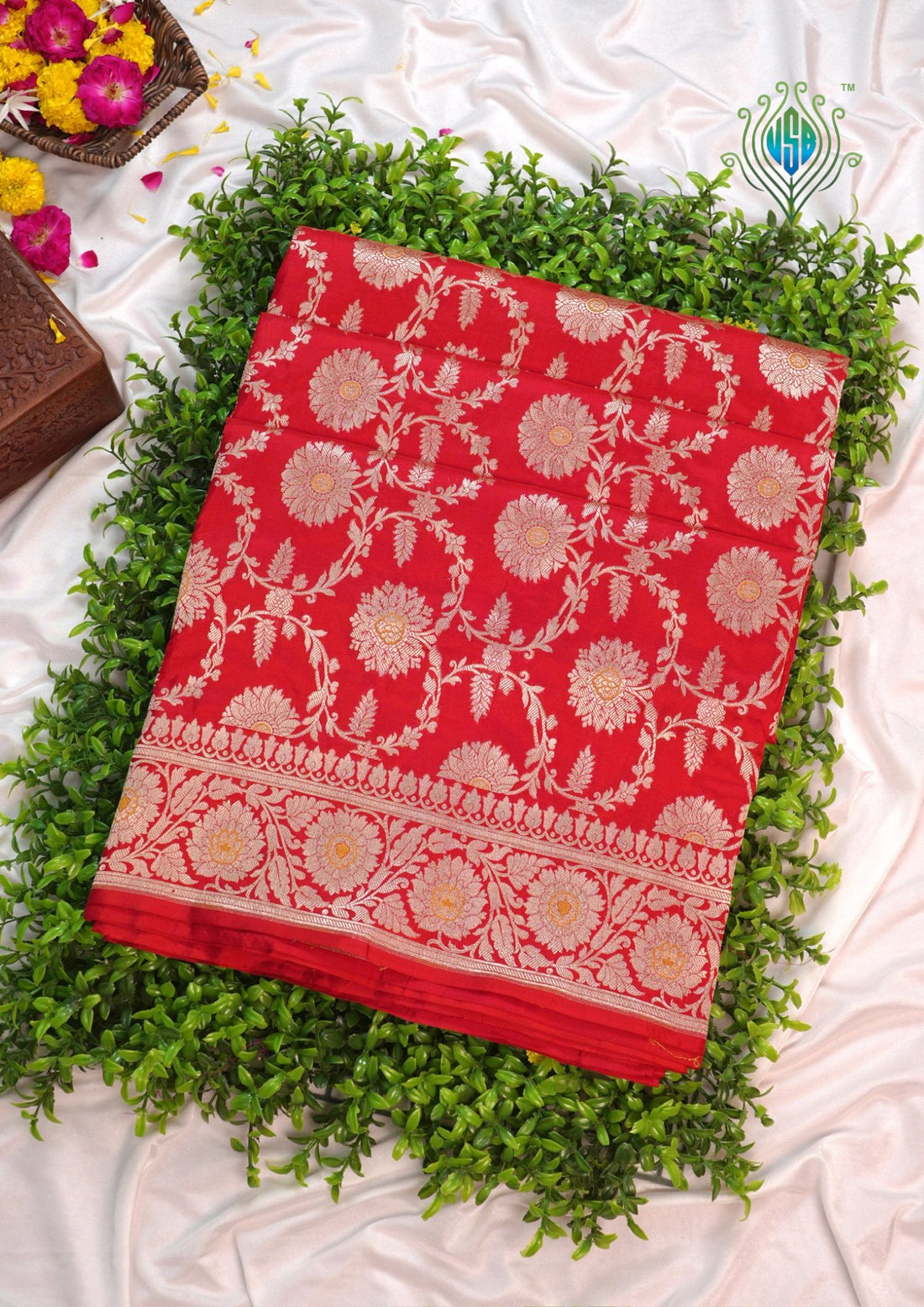 VIRASAT 161B: Pure Red Handloom Katan Silk Mughal Meenakari Floral Jaal Saree