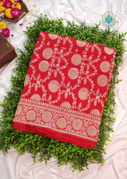 VIRASAT 161B: Pure Red Handloom Katan Silk Mughal Meenakari Floral Jaal Saree