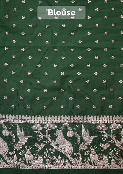 Waah Banaras 180D: Pine green Semi Katan Silk Saree With Beautiful Bird Border