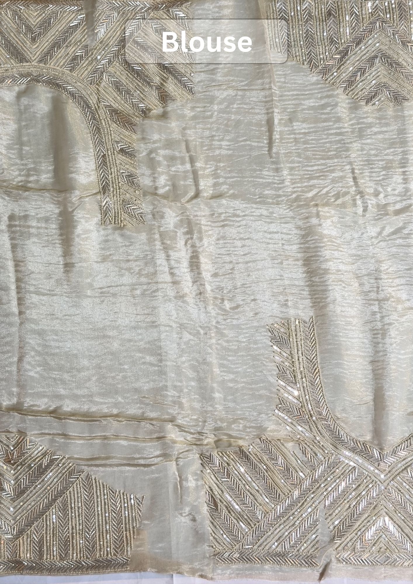 VIRASAT 411: Champagne Gold Tissue Organza Silk Saree with Cutdana, Pearl &amp; Sequin Handwork