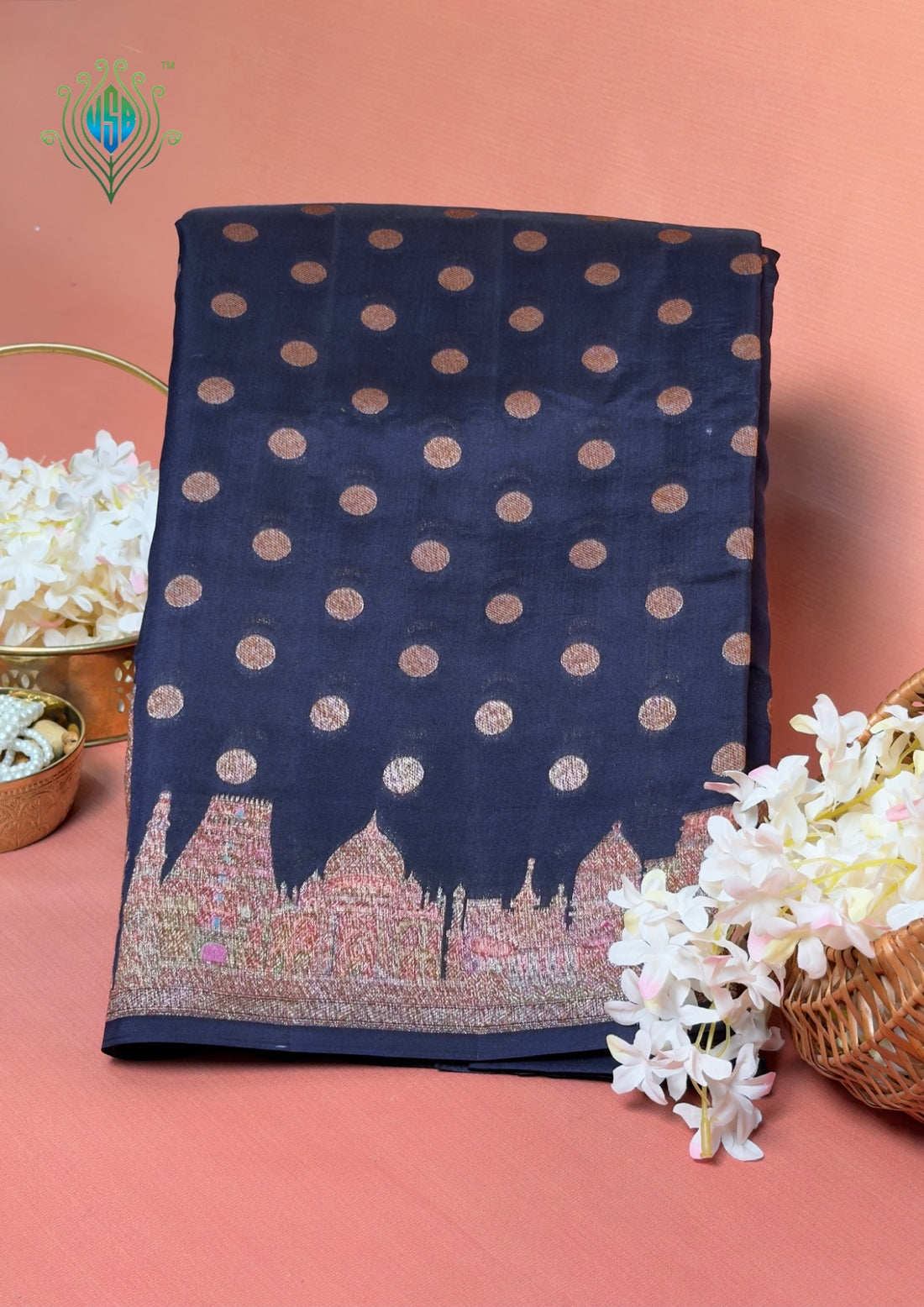 VIRASAT 429A: Deep Ink Blue Pure Silk Banarasi Saree with Heritage Ghat Border, Antique Zari Meenakari &amp; Polka Dot Weaving