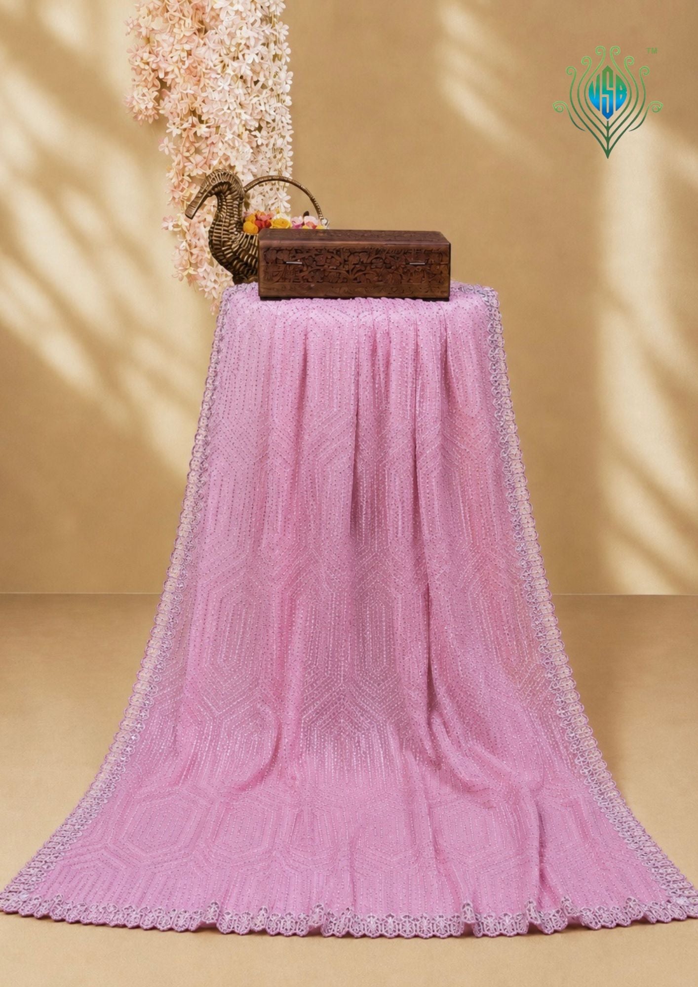 VIRASAT 412: Blush Pink Organza Silk Saree with Cutdana, Pearl &amp; Sequin Handwork