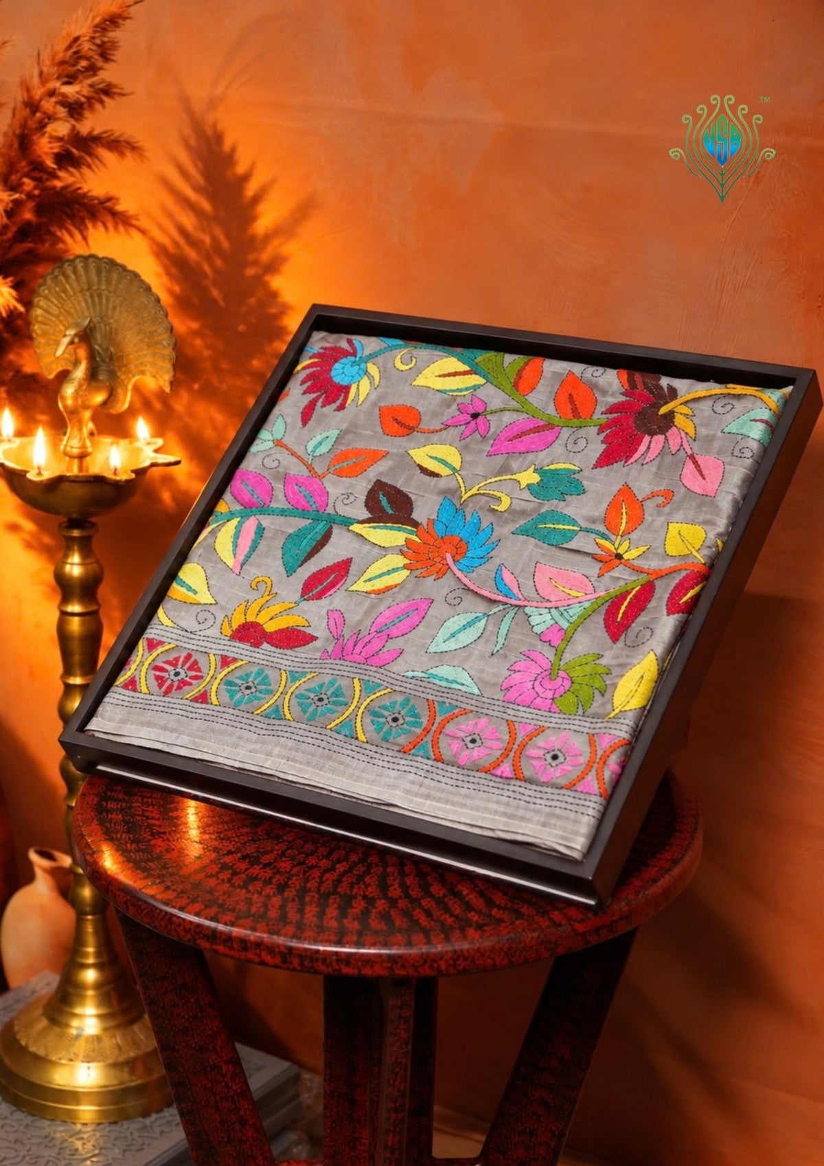VIRASAT 362: Champagne Rose Pure Tussar Silk Saree with Multicolor Cross Stitch Art | Silk Mark Certified