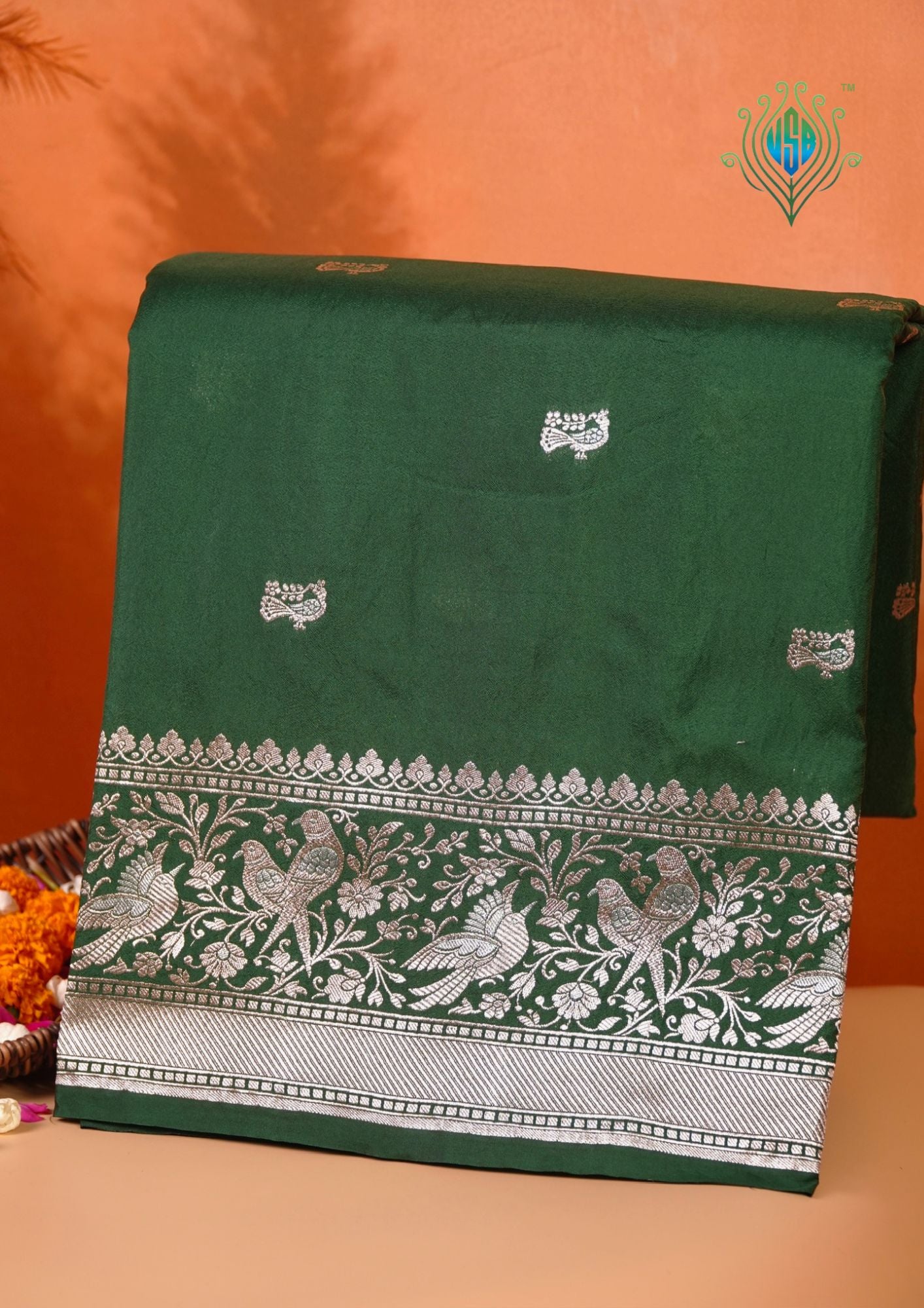 Waah Banaras 181D: Bottle Green Semi Katan Silk Saree With Beautiful Bird Border