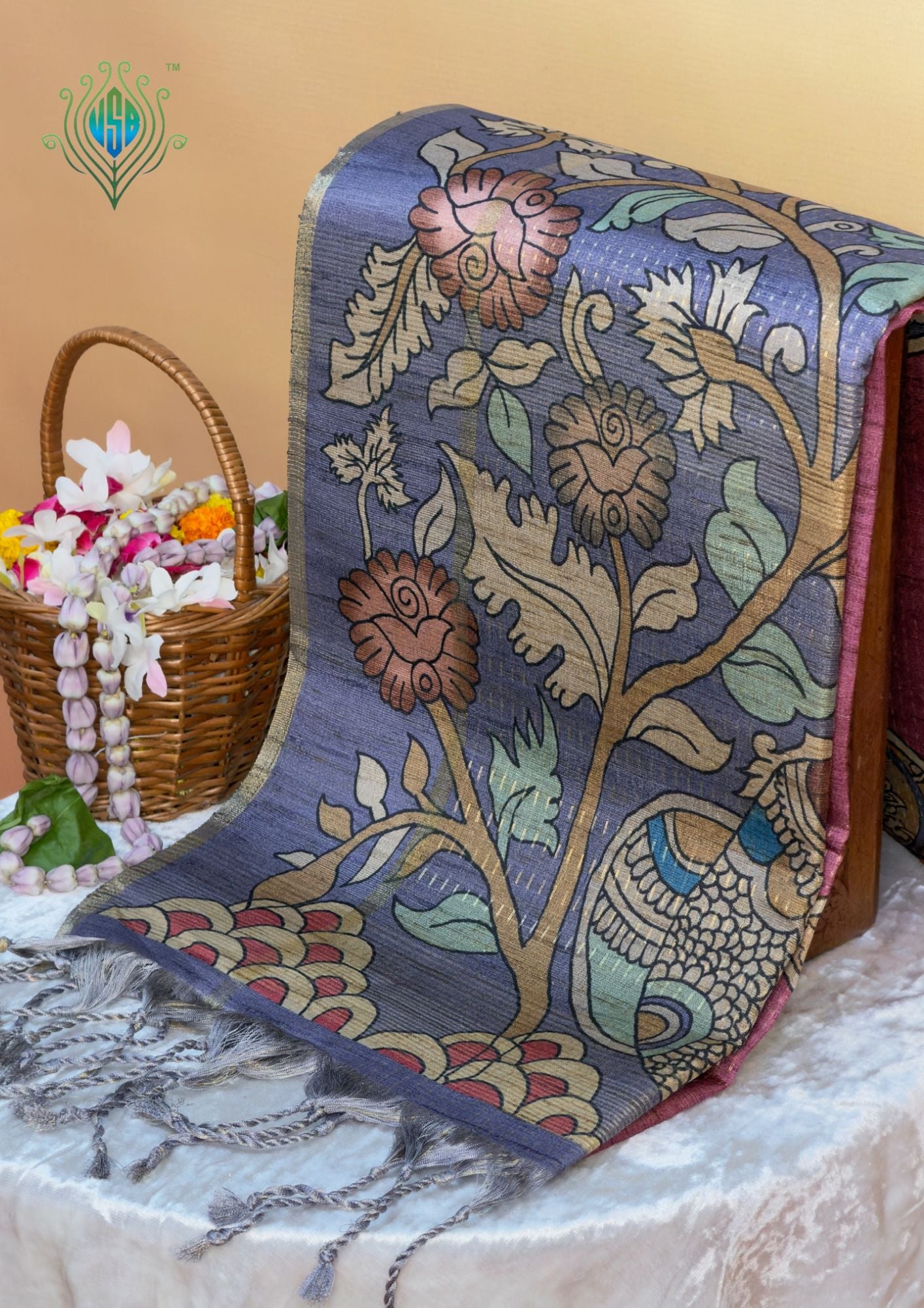 UTSAV BANARAS 386: Tussar Silk Pen Kalamkari Printed Saree Dusty Rose with Heritage Figurative Border
