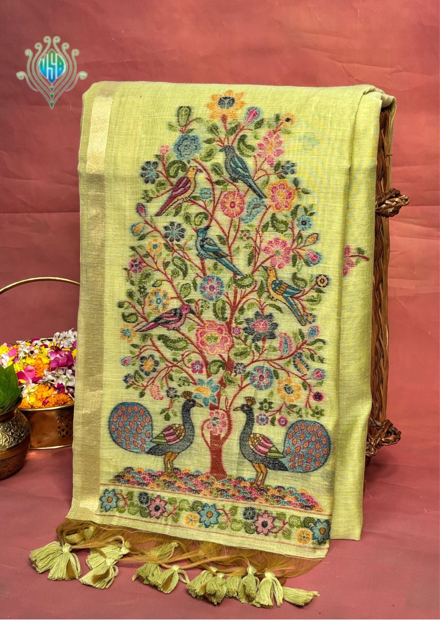 Utsav Banaras 376: Pista Green Handwoven Jamdani Saree with Peacock &amp; Floral Tree Jaal