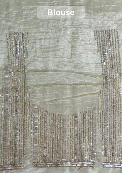 VIRASAT 413: Beige Tissue Organza Silk Saree with Cutdana, Pearl &amp; Sequin Handwork
