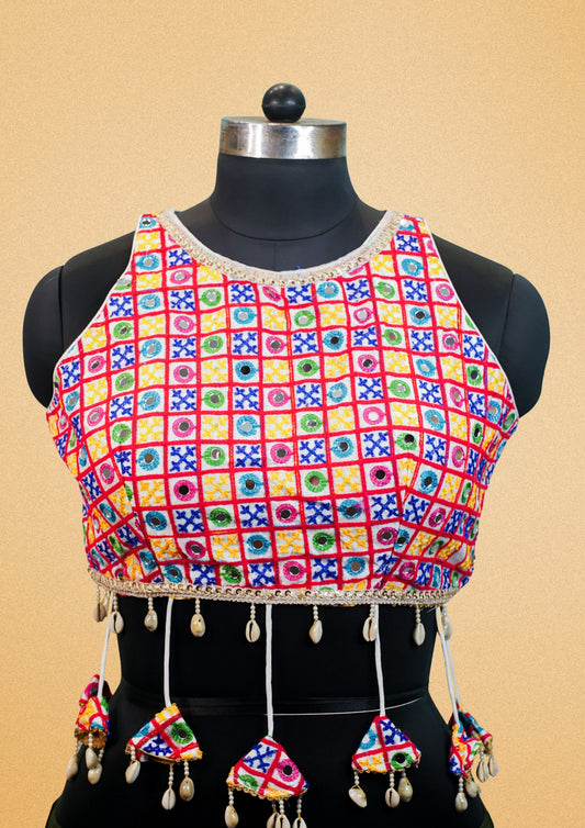 "RDM BL 007" Banarasi Colorful Mirror Work Embroidered Blouse with Shell Tassels